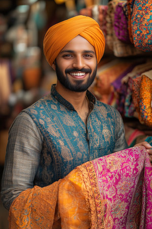 Sikh man looking at camera with confidence in a fabric shop.の素材