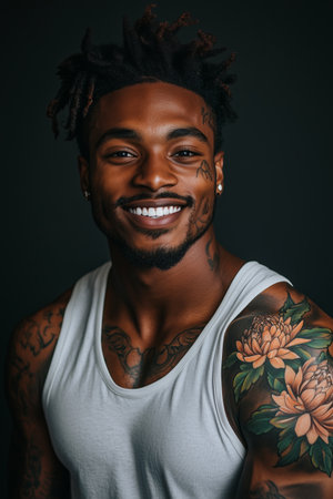 African American man has tattoos on his body on black background.の素材