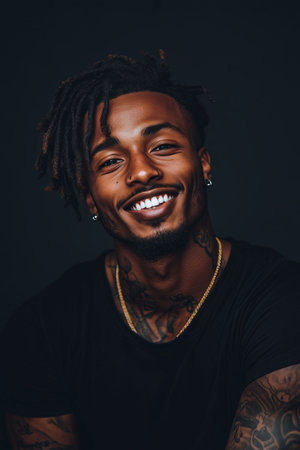 African American man has tattoos on his body on black background.の素材