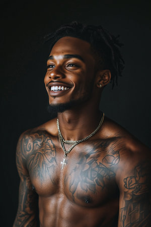 African American man has tattoos on his body on black background.の素材