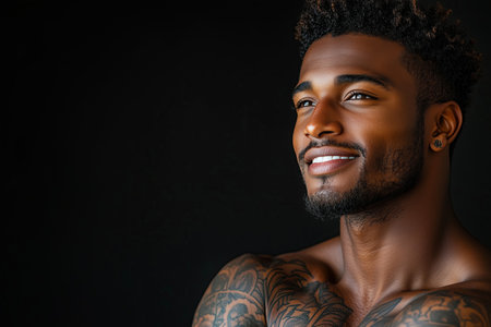 African American man has tattoos on his body on black background.の素材