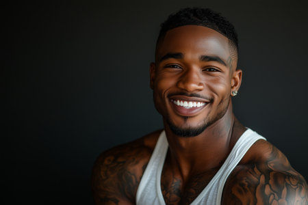 African American man has tattoos on his body on black background.の素材