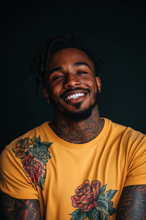 African American man has tattoos on his body on black background.の素材