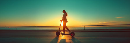 Caucasian businesswoman riding an electric scooter on a bridge.の素材