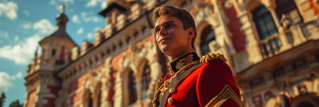 Caucasian prince in formal clothes looking at camera outside European themed castle.の素材