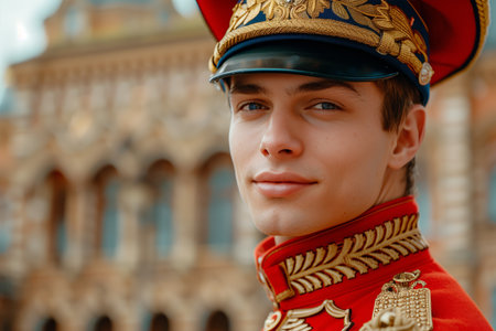 Caucasian prince in formal clothes looking at camera outside European themed castle.の素材