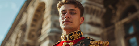 Caucasian prince in formal clothes looking at camera outside European themed castle.の素材
