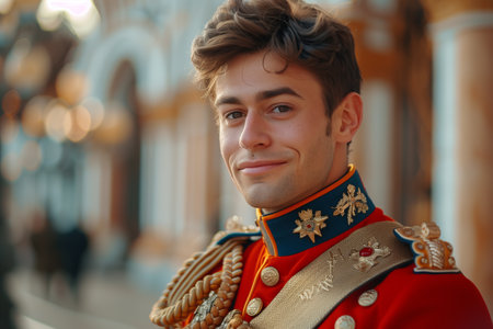 Caucasian prince in formal clothes looking at camera outside European themed castle.の素材