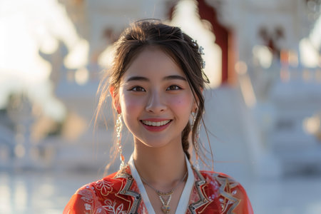 Asian woman looking at camera with confidence in temple.の素材