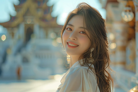 Asian woman looking at camera with confidence in temple.の素材