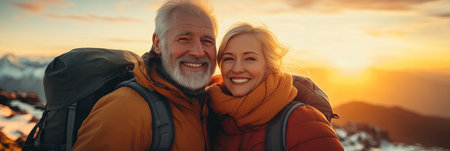 Senior Caucasian couple traveling together in nature, mountain climbingの素材