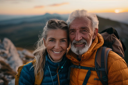 Senior Caucasian couple traveling together in nature, mountain climbingの素材