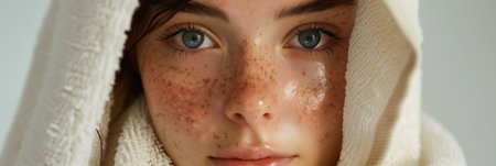 Caucasian woman having problems with facial acne, skin diseaseの素材