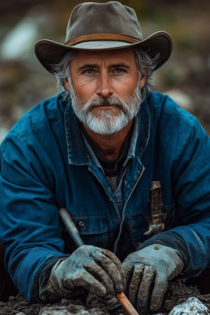 An elderly Caucasian male archaeologist is digging for artifacts at a work site.の素材