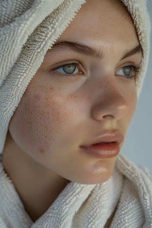 Caucasian woman having problems with facial acne, skin diseaseの素材