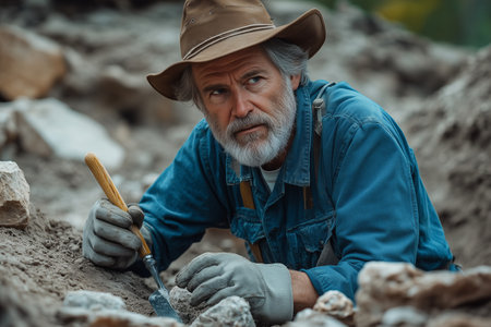 An elderly Caucasian male archaeologist is digging for artifacts at a work site.の素材