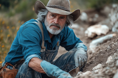An elderly Caucasian male archaeologist is digging for artifacts at a work site.の素材