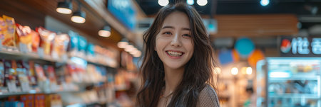 Asian woman shopping in store, Customers in the convenience storeの素材