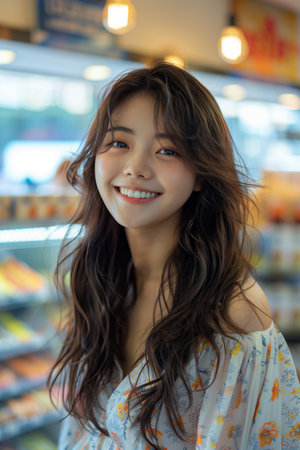 Asian woman shopping in store, Customers in the convenience storeの素材