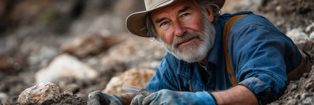 An elderly Caucasian male archaeologist is digging for artifacts at a work site.の素材