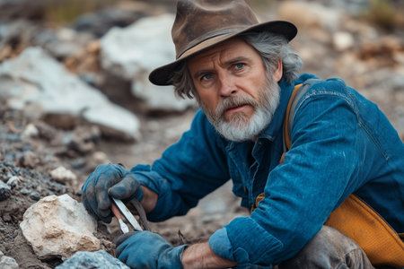 An elderly Caucasian male archaeologist is digging for artifacts at a work site.の素材