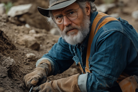 An elderly Caucasian male archaeologist is digging for artifacts at a work site.の素材