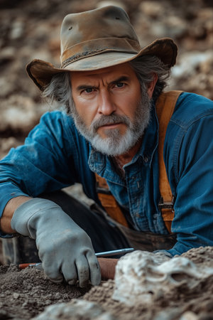 An elderly Caucasian male archaeologist is digging for artifacts at a work site.の素材
