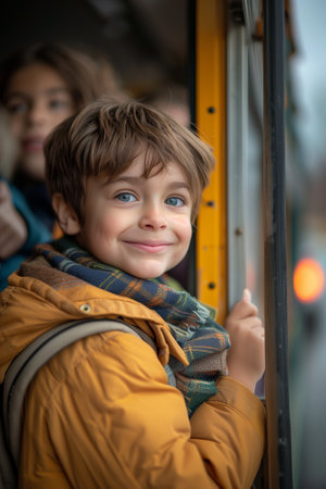 Caucasian boy sitting on a school bus, bus travelの素材