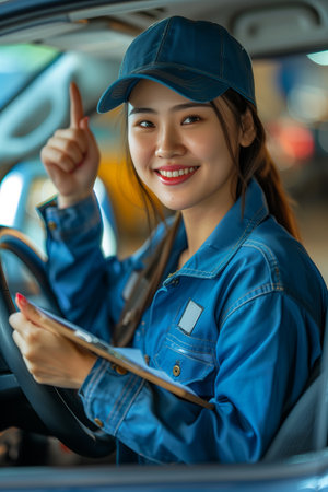 Asian female mechanic inspecting car, repairing carの素材