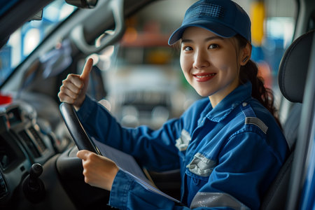 Asian female mechanic inspecting car, repairing carの素材