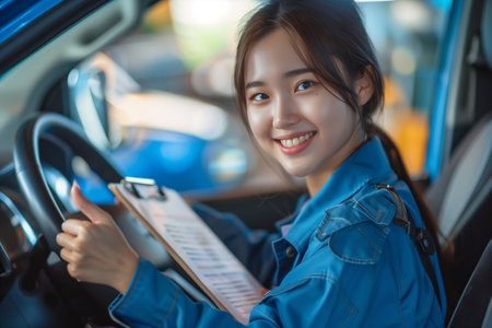 Asian female mechanic inspecting car, repairing carの素材
