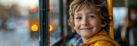 Caucasian boy sitting on a school bus, bus travelの素材