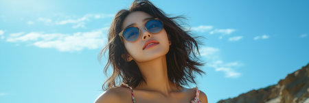 Asian woman traveling on the seaside, Female tourists dressed in casual clothes.の素材