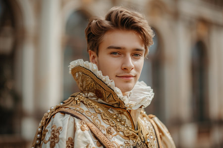 Caucasian prince in formal clothes looking at camera outside European themed castle.の素材