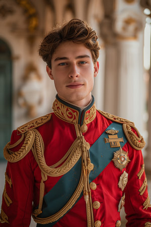 Caucasian prince in formal clothes looking at camera outside European themed castle.の素材