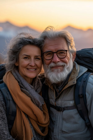 Senior Caucasian couple traveling together in nature, mountain climbingの素材