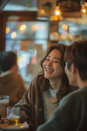 Asian man and woman couple talking in cafe.の素材