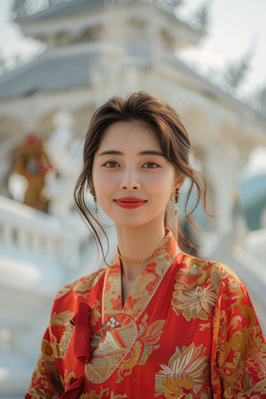 Asian woman looking at camera with confidence in temple.の素材