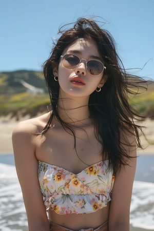 Asian woman traveling on the seaside, Female tourists dressed in casual clothes.の素材