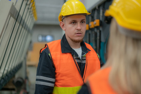 Worker in safety gear in industrial setting.