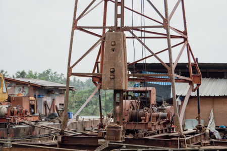 An old drilling rig situated in a construction site, showcasing heavy machinery and industrial surroundings.の写真素材