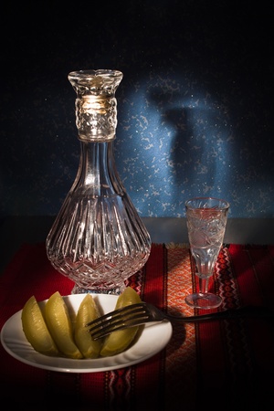 still life with glass and a decanterの写真素材