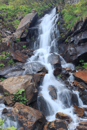 Beautiful cascading full-flowing waterfall in the mountains.の写真素材