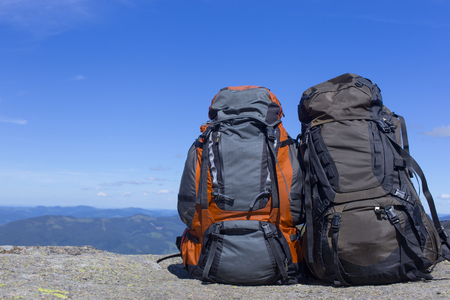 Camping with backpacks in the mountains with views of the mountaの写真素材