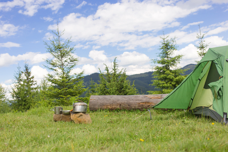 Camping in the mountains with the collected mushrooms and cooking facilities.の写真素材