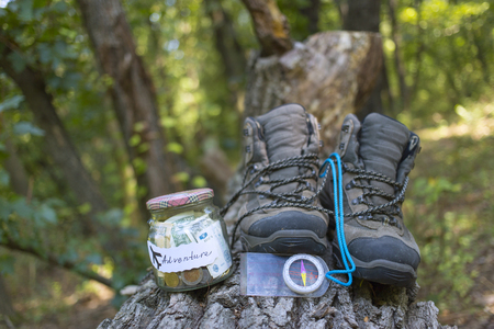 Fundraising for the trip in the mountains with a tent.の写真素材