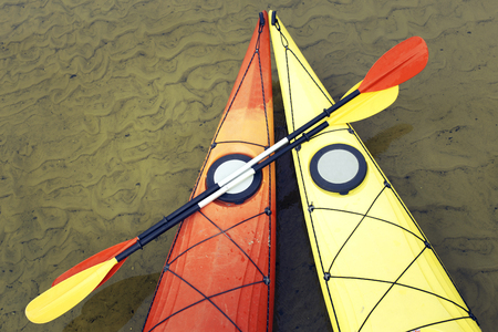 Camping with kayaks on the beach on a sunny day.の写真素材