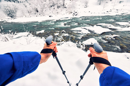 Beautiful mountain river in a canyon in a winter hikeの写真素材