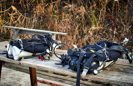 All scuba diving equipment before diving during the day.の写真素材
