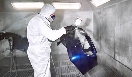 Painting elements of the car after the accident in blue.の写真素材